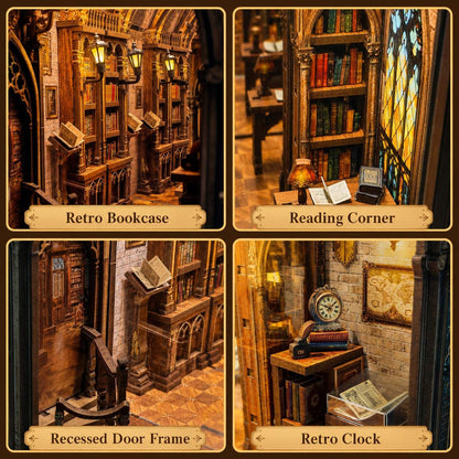 Four-panel collage showing miniature fantasy library interior details: a retro bookcase, reading corner, recessed door frame, and retro clock, each with a tan label below.