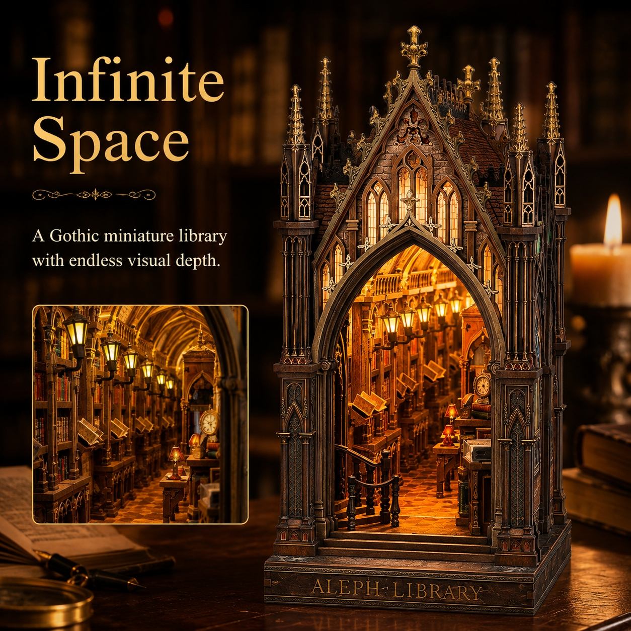 A Gothic-style miniature library book nook model labeled 'ALEPH LIBRARY' on a wooden base, shown illuminated with warm golden lights inside. The image includes marketing text reading 'Infinite Space' and a small inset view of the library interior.