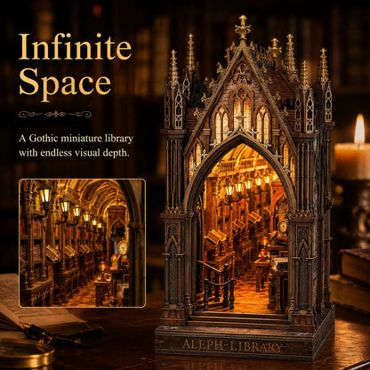 A Gothic-style miniature library book nook model labeled 'ALEPH LIBRARY' on a wooden base, shown illuminated with warm golden lights inside. The image includes marketing text reading 'Infinite Space' and a small inset view of the library interior.