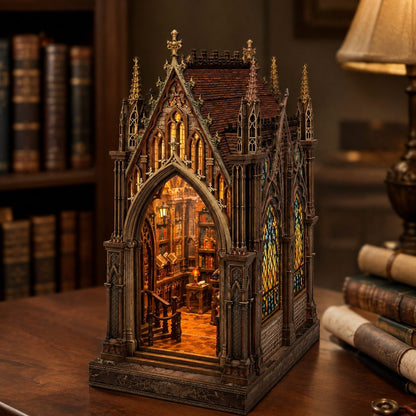 A miniature gothic cathedral-style library diorama with a glowing warm interior, displayed on a wooden table in a softly lit room with books and a lamp in the background.