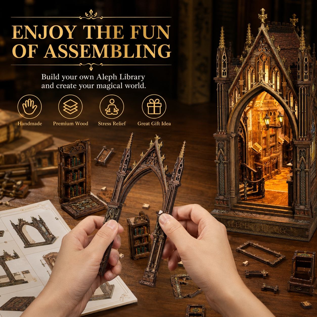 A person's hands are shown assembling a detailed gothic library model kit, with the completed illuminated library and scattered wooden pieces on a wooden table. Promotional text on the left highlights the product's features: handmade, premium wood, stress relief, and great gift idea.