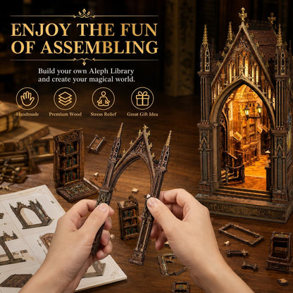 A person's hands are shown assembling a detailed gothic library model kit, with the completed illuminated library and scattered wooden pieces on a wooden table. Promotional text on the left highlights the product's features: handmade, premium wood, stress relief, and great gift idea.