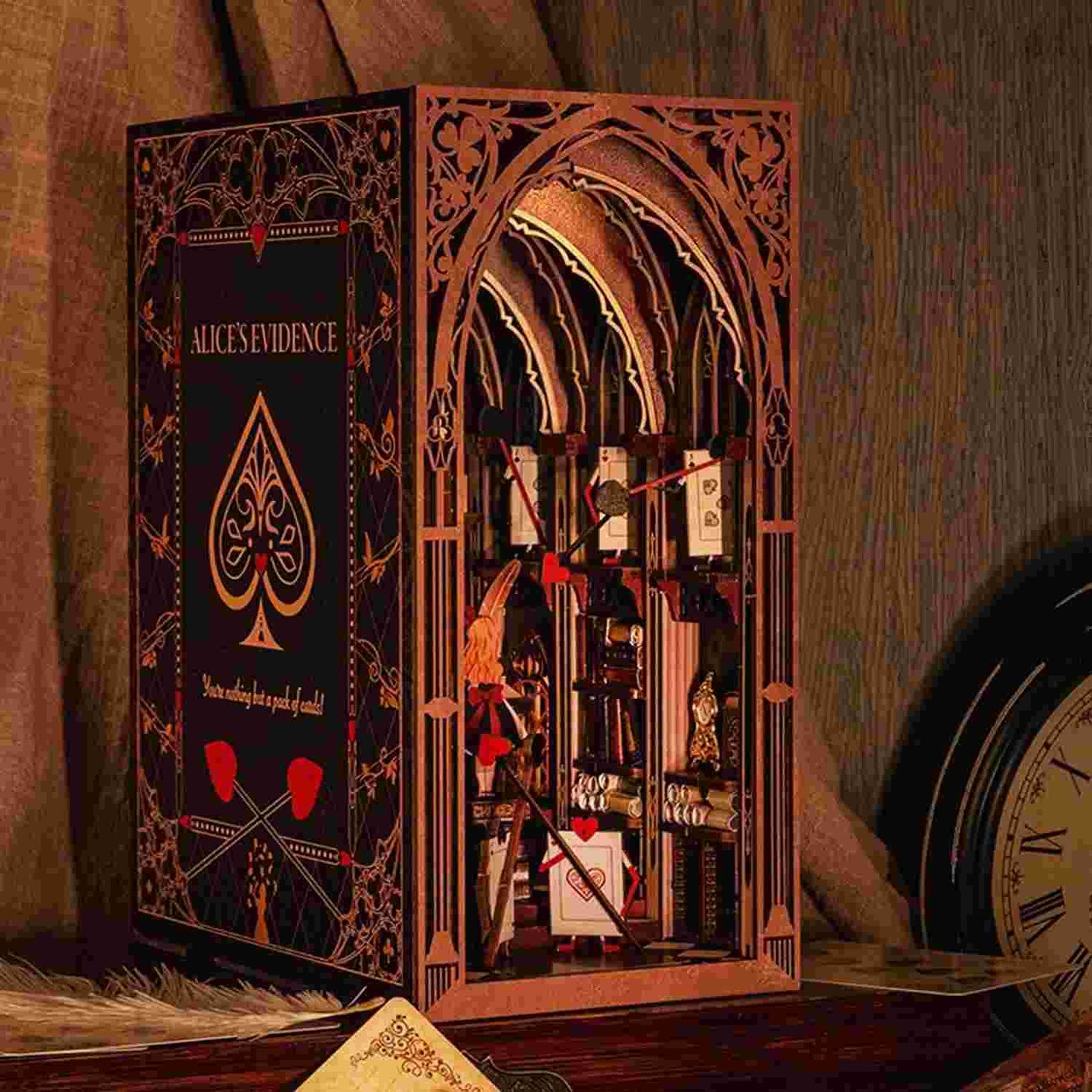 Alice's Evidence DIY book nook kit, inspired by the iconic chapter from "Alice's Adventures in Wonderland.", A charming miniature 3d wooden puzzles relives the charm of this classic tale with authentic miniature scenes., perfect for bookshelf decor, and dollhouse collectors, or a gift for wonderland fans.