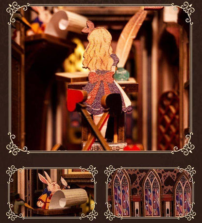 Alice's Evidence DIY book nook kit, inspired by the iconic chapter from "Alice's Adventures in Wonderland.", A charming miniature 3d wooden puzzles relives the charm of this classic tale with authentic miniature scenes., perfect for bookshelf decor, and dollhouse collectors, or a gift for wonderland fans.