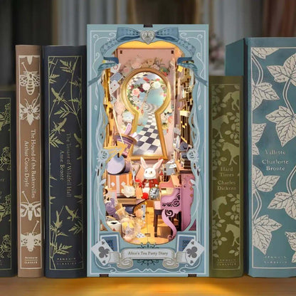 wooden book nook with aAlice in Wonderland theme among other books on a shelf.