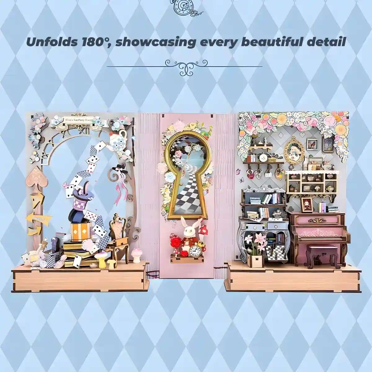 spread 180 degree out of a miniature inspired by Alice in Wonderland inside a book nook on a blue geometric patterned background