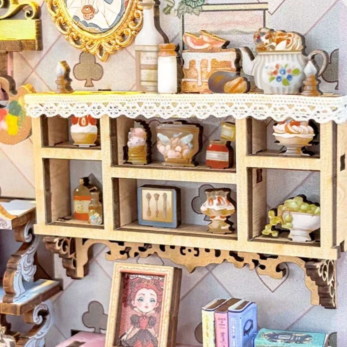 miniature wooden shelf with various small items and a framed picture on a tiled wall background