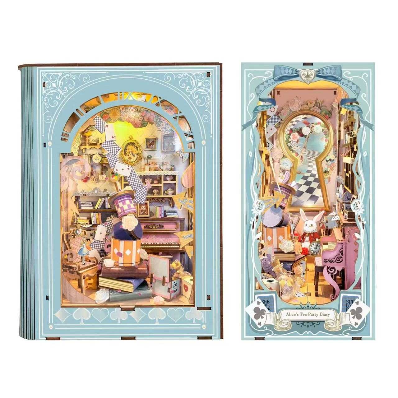 left and right side views of a diorama inside a wooden book nook inspired by Alice in Wonderland