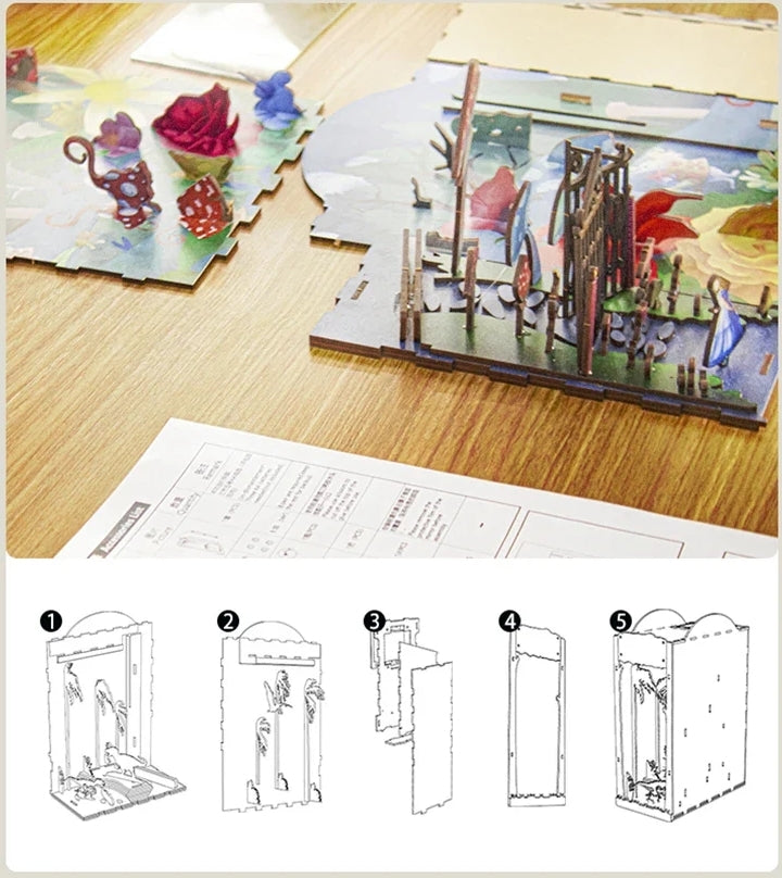 Alice's Word DIY Book Nook Kit, Garden Travel Note Bookend, Alice in wonderland Inspired Bookshelf Insert Decor, 3D Wooden Puzzles Miniature House Crafts