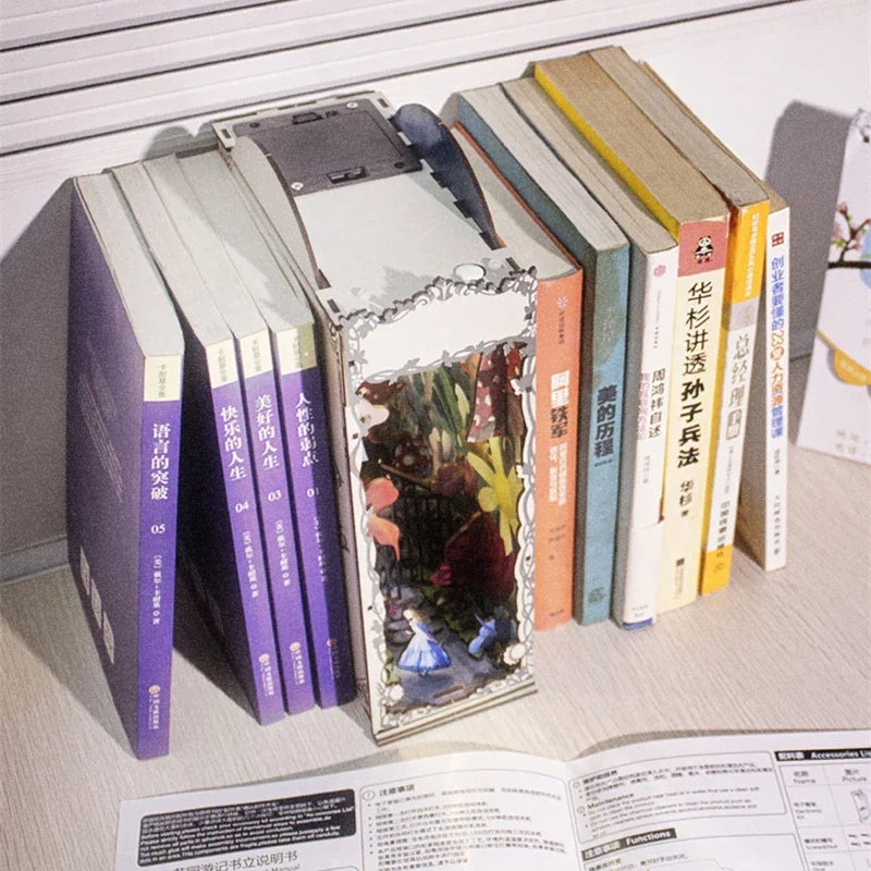 Alice's Word DIY Book Nook Kit, Garden Travel Note Bookend, Alice in wonderland Inspired Bookshelf Insert Decor, 3D Wooden Puzzles Miniature House Crafts