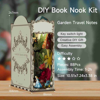 Alice's World DIY Book Nook Kit, a miniature house puzzles inspired by Alice in Wonderland, perfect for DIY lovers, dollhouse collectors, bookshelf insert decor, or gifting for a wonderland fans
