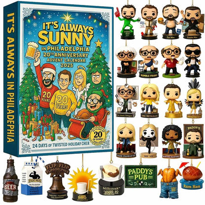 Advent calendar with character figurines and 'It's Always Sunny in Philadelphia' packaging