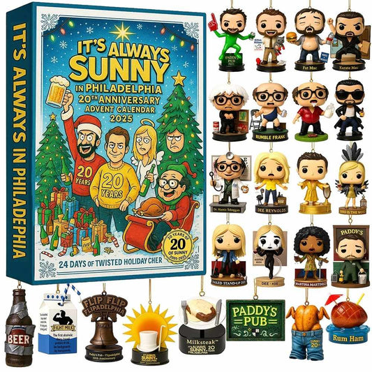 Advent calendar with character figurines and 'It's Always Sunny in Philadelphia' packaging