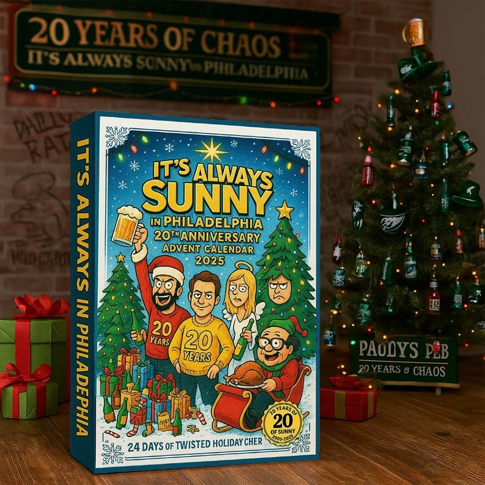 Advent calendar for 'It's Always Sunny in Philadelphia' with Christmas tree and presents in the background.