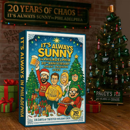 Advent calendar for 'It's Always Sunny in Philadelphia' with Christmas tree and presents in the background.