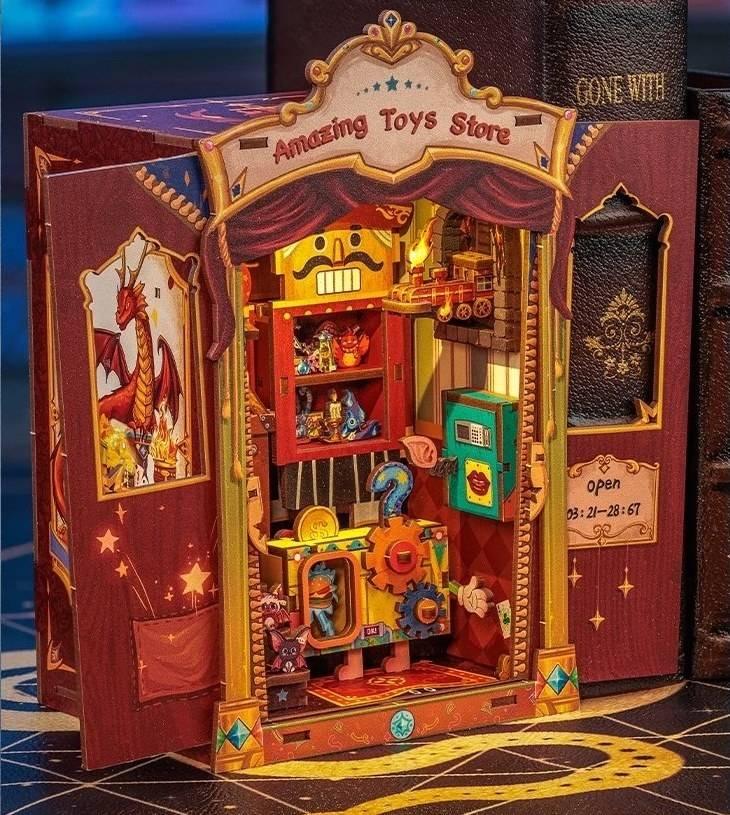 Amazing Toy Store DIY Book Nook Kit, a mini magic shop with toys and enchantment. Features easy 2-hour assembly, touch switch light, PVC dust cover, and more. Perfect for those who love the whimsical world, DIY enthusiasts, book lovers, bookend lovers, model building lovers, dollhouse collectors, bookshelf insert decor.