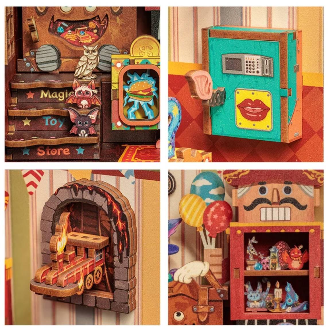 Amazing Toy Store DIY Book Nook Kit, a mini magic shop with toys and enchantment. Features easy 2-hour assembly, touch switch light, PVC dust cover, and more. Perfect for those who love the whimsical world, DIY enthusiasts, book lovers, bookend lovers, model building lovers, dollhouse collectors, bookshelf insert decor.