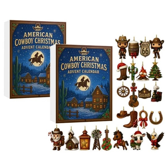 American Cowboy Christmas Advent Calendar with various cowboy-themed decorations on a white background