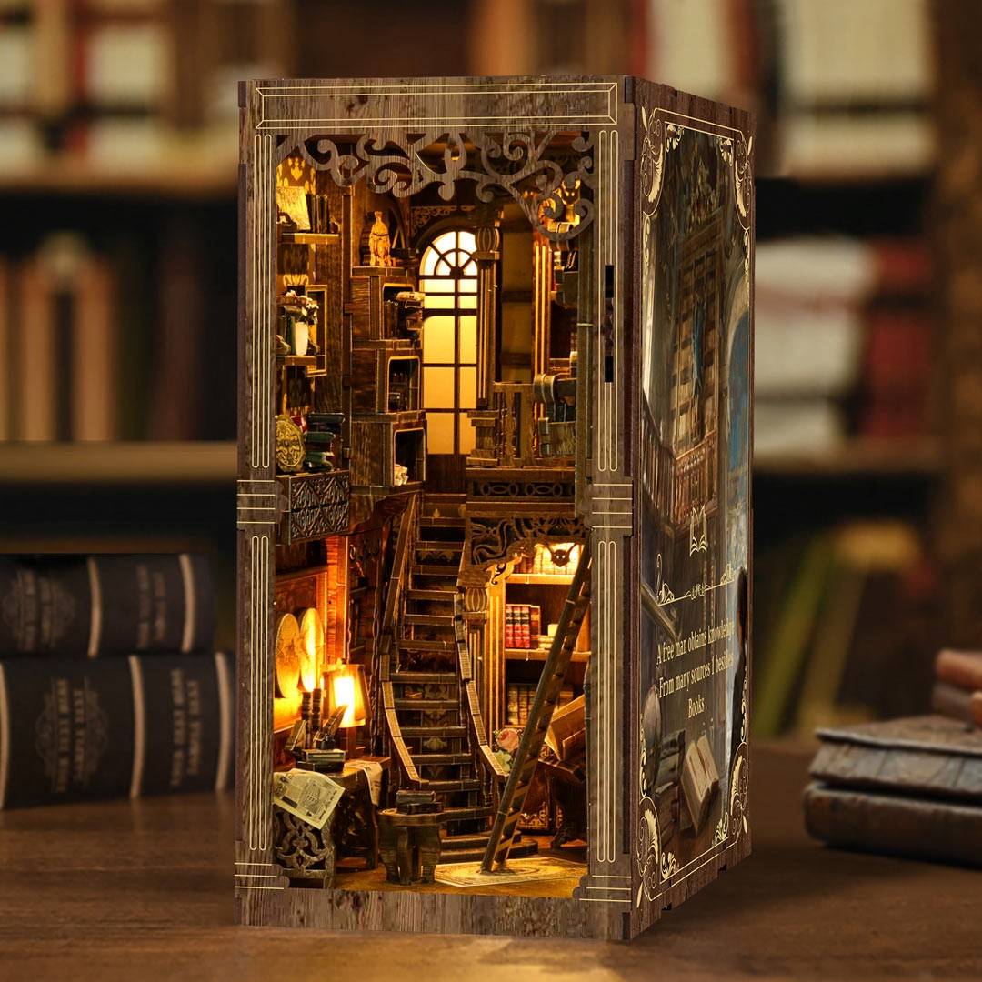 image displaying the right side of assembled Ancient Book DIY Book Nook Kit in a vintage study room setting