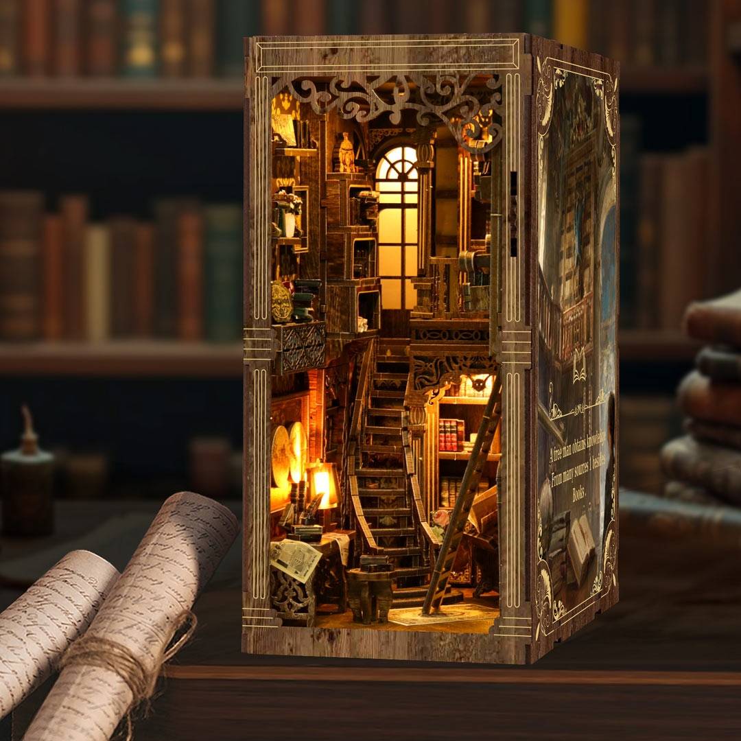 image displaying the assembled Ancient Book DIY Book Nook Kit in a vintage study room setting