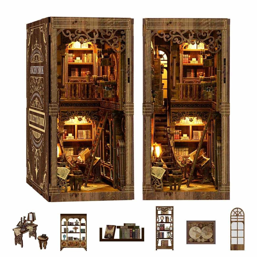 image displaying the front and left side view, and miniature furniture of the assembled Ancient Book DIY Book Nook Kit