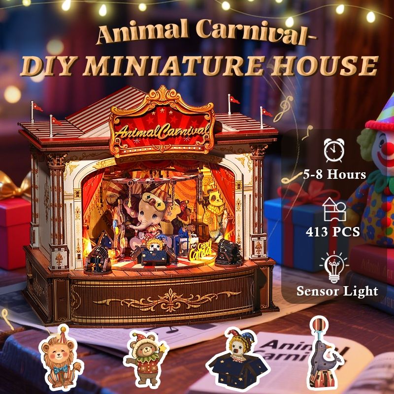 Animal Carnival DIY miniature house with animated figures and decorative elements on a wooden base.