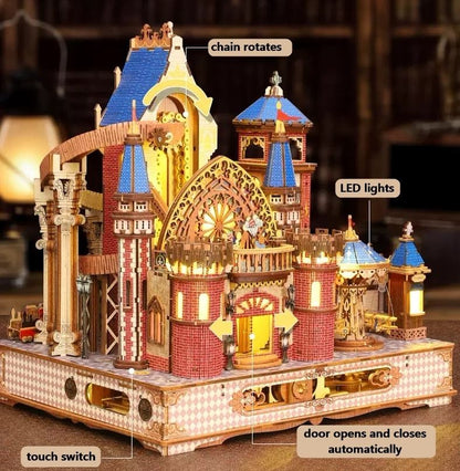 lit Annecy Castle Wooden Puzzle Model with labeled features