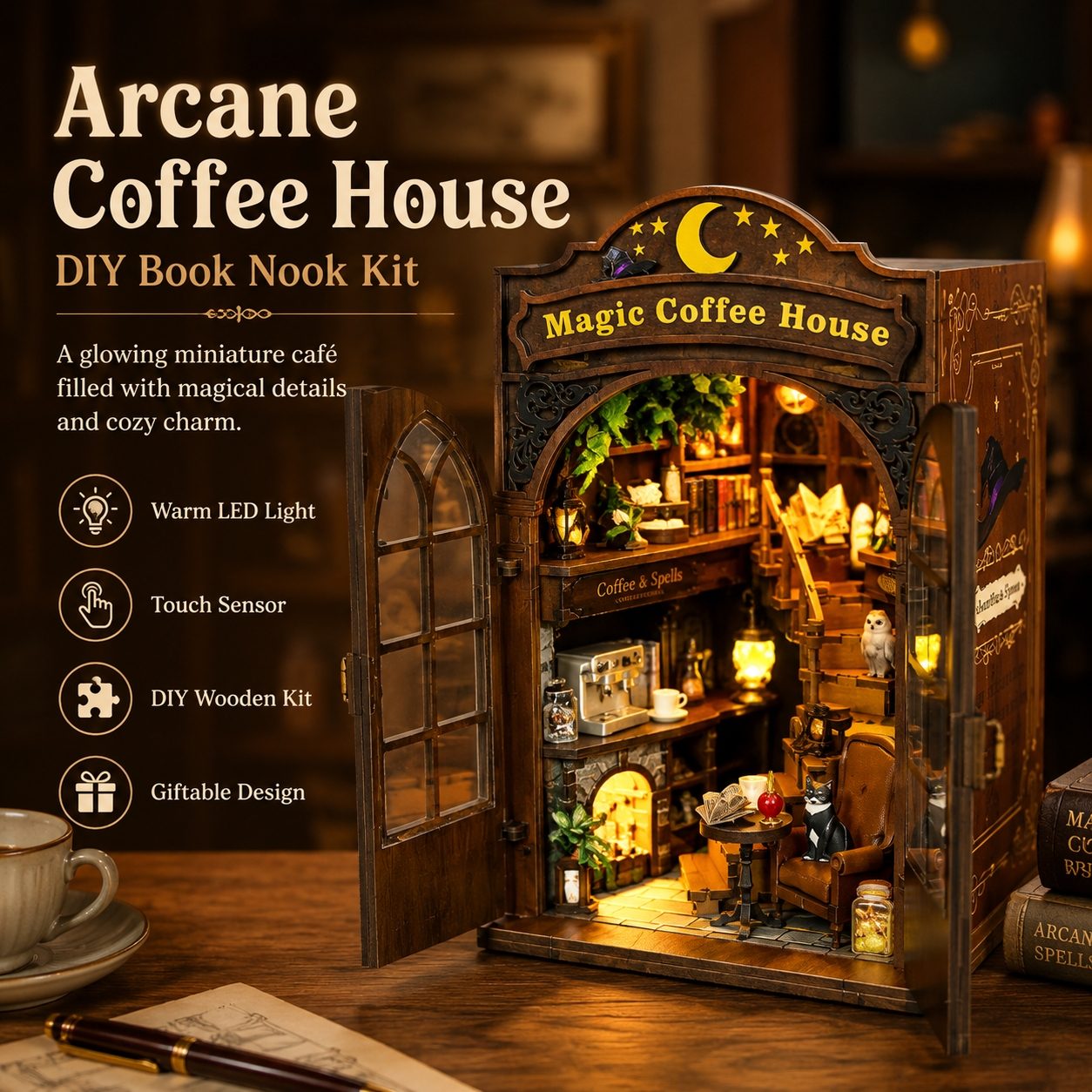 Arcane Coffee House DIY Book Nook Kit shown as an illuminated miniature coffee shop with open doors, warm LED lighting, and cozy interior details on a wooden tabletop. Text on the left describes features like warm LED light, touch sensor, DIY wooden kit, and giftable design.