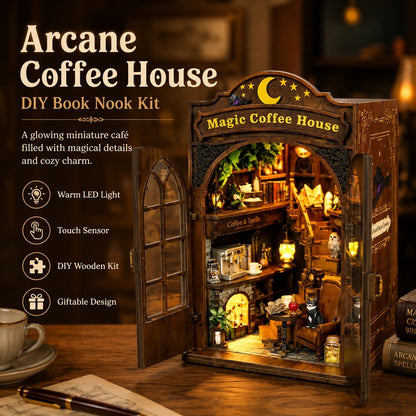 Arcane Coffee House DIY Book Nook Kit shown as an illuminated miniature coffee shop with open doors, warm LED lighting, and cozy interior details on a wooden tabletop. Text on the left describes features like warm LED light, touch sensor, DIY wooden kit, and giftable design.