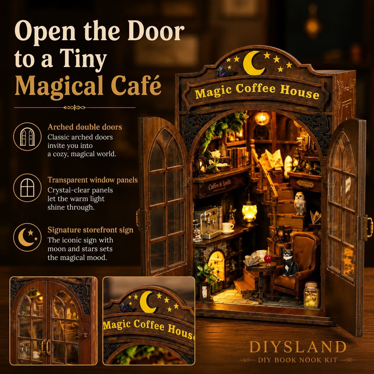 DIYSLAND Magic Coffee House DIY book nook kit, featuring a miniature arched wooden door with open doors revealing a cozy, warmly lit bookish interior with shelves, a reading chair, and moon and star decorations.