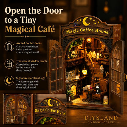 DIYSLAND Magic Coffee House DIY book nook kit, featuring a miniature arched wooden door with open doors revealing a cozy, warmly lit bookish interior with shelves, a reading chair, and moon and star decorations.