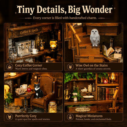 A collage for a miniature dollhouse set, featuring four cozy themed scenes: a coffee corner with an espresso machine and cups, an owl on wooden stairs, a chair with a cat figurine, and magical miniatures with books and potion jars. The top text reads 'Tiny Details, Big Wonder' and each panel has a descriptive title.