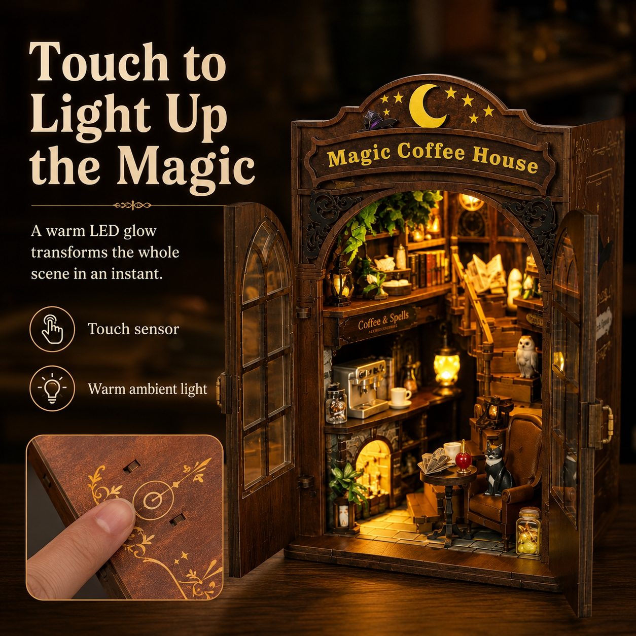 A wooden miniature coffee house night light with glowing warm LED lights inside, shown open on a dark background with promotional text and a close-up inset of the touch-sensitive panel.