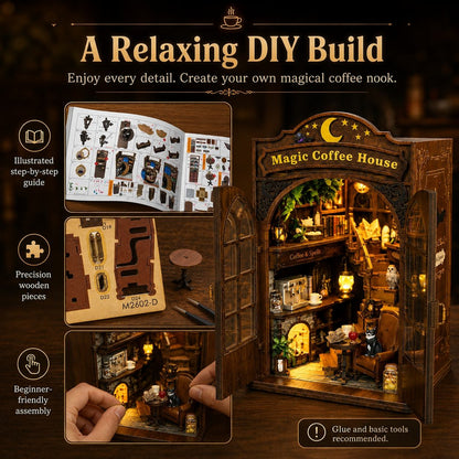 DIY wooden coffee nook kit shown in a promotional layout with the assembled miniature house on the right, instruction panels on the left, and text reading 'A Relaxing DIY Build' and 'Magic Coffee House.'.