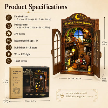 Product specifications and dimensions for a DIY miniature coffee house model kit. The image shows the assembled wooden coffee house with warm LED lighting, a package box, and a list of features including finished size, package size, number of pieces, recommended age, build time, warm LED light, and touch sensor on a beige background.