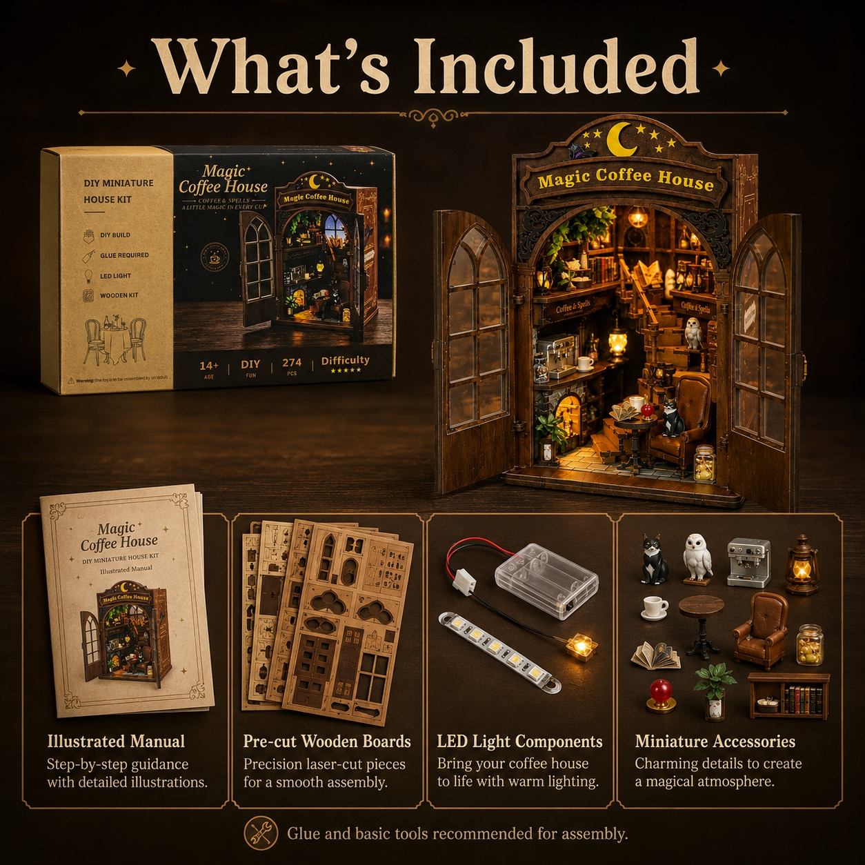 A product presentation for a DIY miniature dollhouse kit titled 'Magic Coffee House'. The image shows the assembled wooden dollhouse with glowing warm LED lights, its retail box, an illustrated assembly manual, pre-cut wooden boards, an LED light strip, and various miniature accessories.