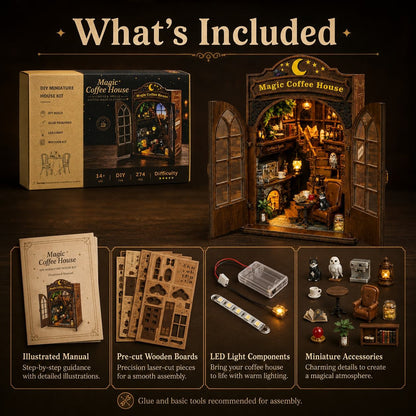 A product presentation for a DIY miniature dollhouse kit titled 'Magic Coffee House'. The image shows the assembled wooden dollhouse with glowing warm LED lights, its retail box, an illustrated assembly manual, pre-cut wooden boards, an LED light strip, and various miniature accessories.