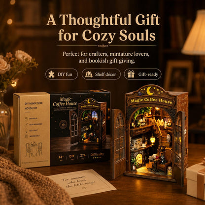 DIY miniature house kit labeled 'Magic Coffee House' shown with its retail box, assembled display model, and a card on a wooden table in a cozy warmly lit room. Large promotional text at the top reads 'A Thoughtful Gift for Cozy Souls.
