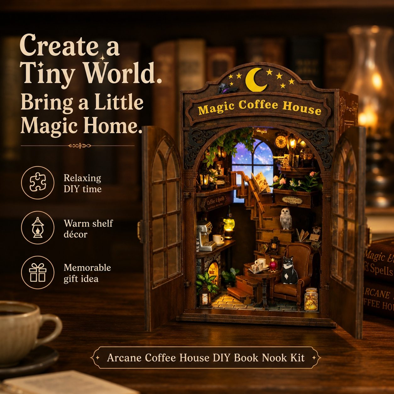 A promotional product image for an 'Arcane Coffee House DIY Book Nook Kit' showing a fully assembled miniature book nook with open doors, set against a dark, cozy library background. The left side features marketing text and icons highlighting key selling points: 'Relaxing DIY time', 'Warm shelf décor', and 'Memorable gift idea'.