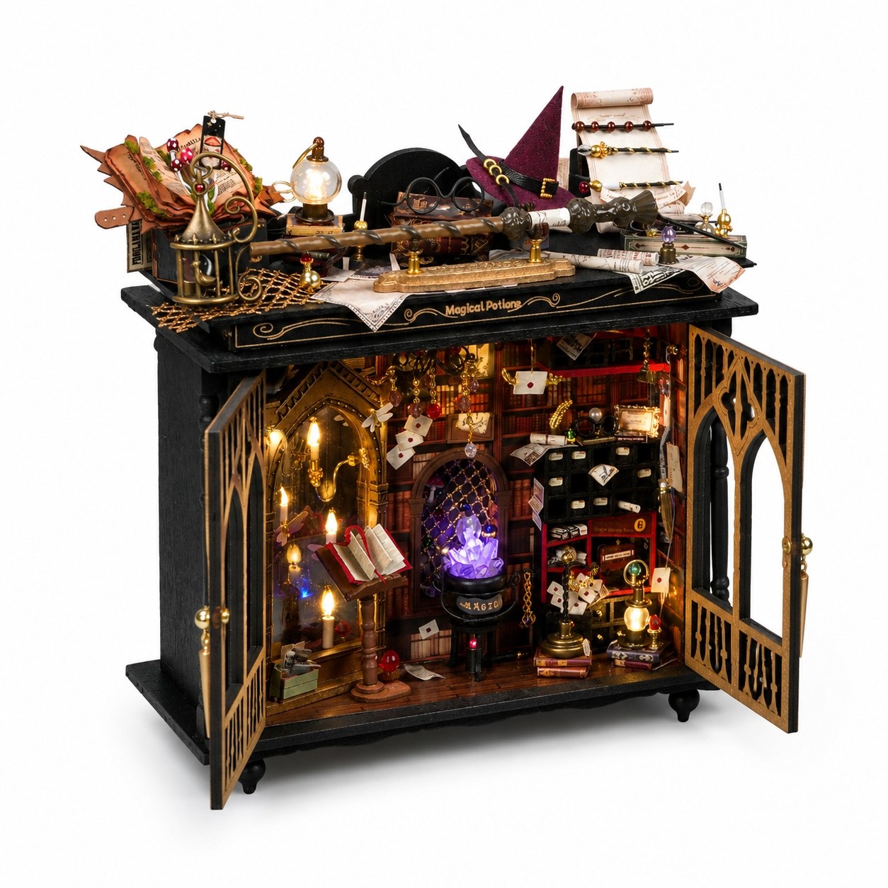 A highly detailed, whimsical miniature diorama cabinet with open doors, showcasing a magical interior filled with tiny books, candles, playing cards, a glowing purple cauldron, and a wizard hat on top, set against a plain white background.
