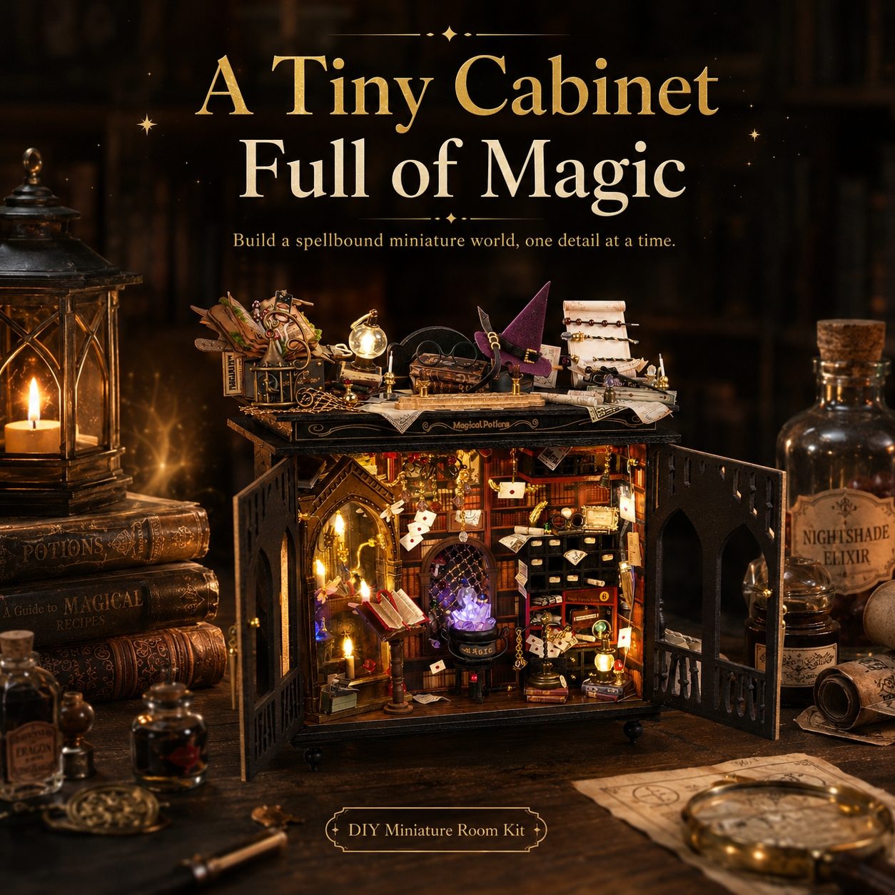 A miniature wizard-themed room kit displayed open on a dark wooden table, surrounded by themed props including books, a lantern, bottles, and a compass. The cabinet interior is illuminated with warm lights, showing shelves, a purple cauldron, and other magical details.