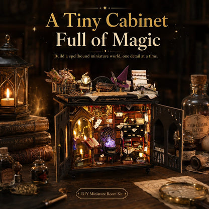 A miniature wizard-themed room kit displayed open on a dark wooden table, surrounded by themed props including books, a lantern, bottles, and a compass. The cabinet interior is illuminated with warm lights, showing shelves, a purple cauldron, and other magical details.