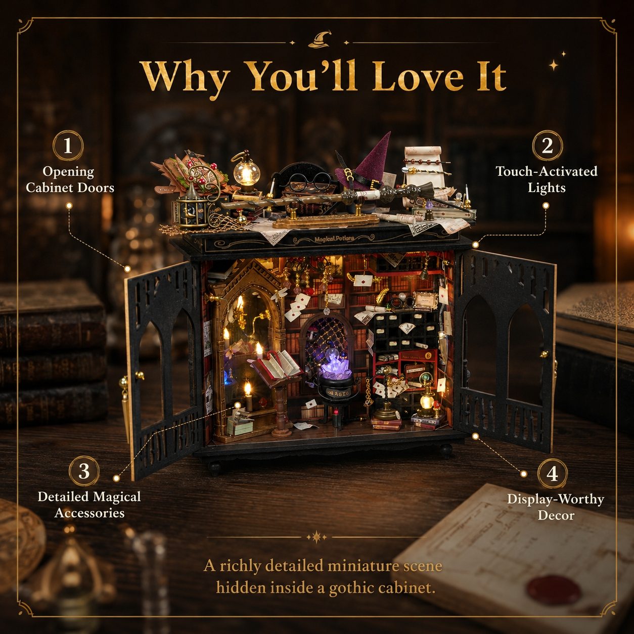 A gothic-style miniature cabinet display filled with magical accessories, shown with four callout labels explaining features like opening cabinet doors, touch-activated lights, detailed accessories, and display-worthy decor. The scene is set on a wooden table with books in the background.