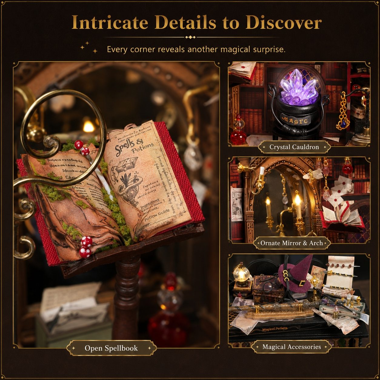 A collage with the headline 'Intricate Details to Discover' and subtext 'Every corner reveals another magical surprise.' The main panel shows an open antique-style spellbook on a stand with decorative brass hardware and small red berries.