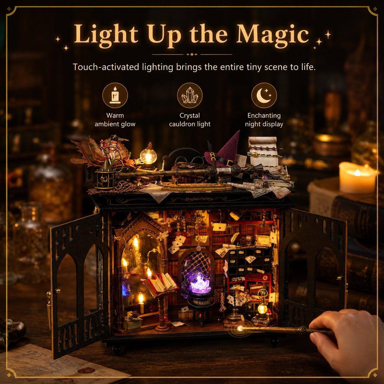 A decorative miniature wizard-themed night light box with glowing internal lights, shown open on a dark tabletop. A hand holds a wand near the front.