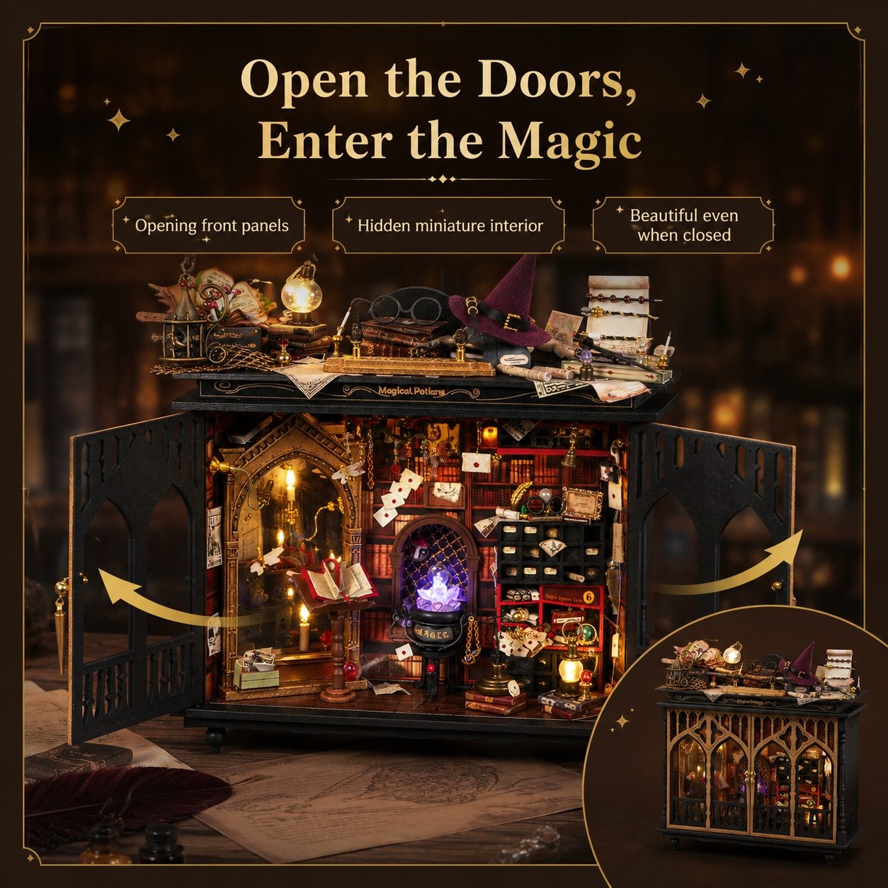 A decorative magic-themed miniature building kit shown open, with glowing magical details inside and text callouts describing features. The product has black gothic exterior panels, shelves, and accessories including books, a cauldron, wand, and potion bottles, set against a dark fantasy-themed background.