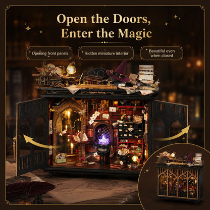 A decorative magic-themed miniature building kit shown open, with glowing magical details inside and text callouts describing features. The product has black gothic exterior panels, shelves, and accessories including books, a cauldron, wand, and potion bottles, set against a dark fantasy-themed background.