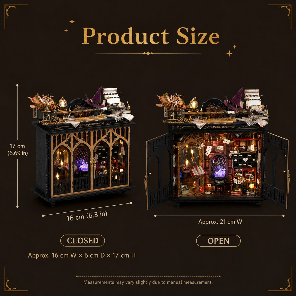 Product size diagram showing a miniature bookshelf/cabinet in two states: closed on the left and open on the right, with dimensions labeled in centimeters and inches on a dark brown background.