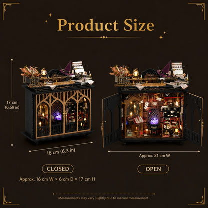 Product size diagram showing a miniature bookshelf/cabinet in two states: closed on the left and open on the right, with dimensions labeled in centimeters and inches on a dark brown background.