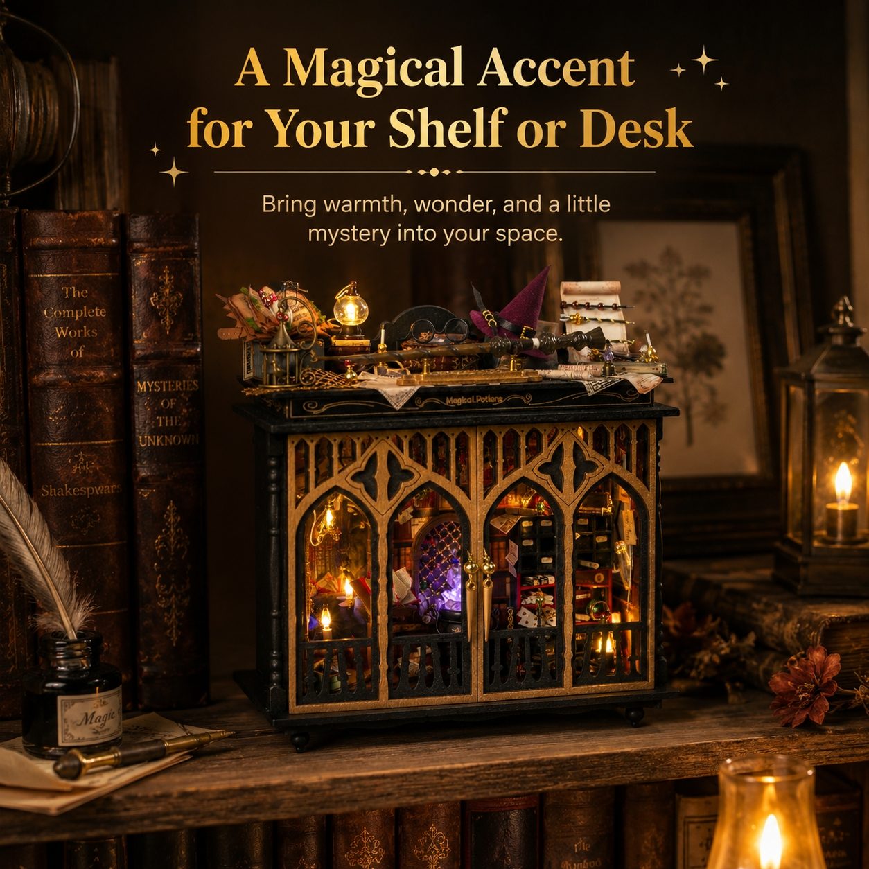 A decorative miniature cabinet or shelf accent with Gothic-style arched windows, filled with tiny candles, books, flowers, and small objects. The scene is styled on a wooden shelf with old books, an ink bottle, and lanterns in a warm, cozy room setting.